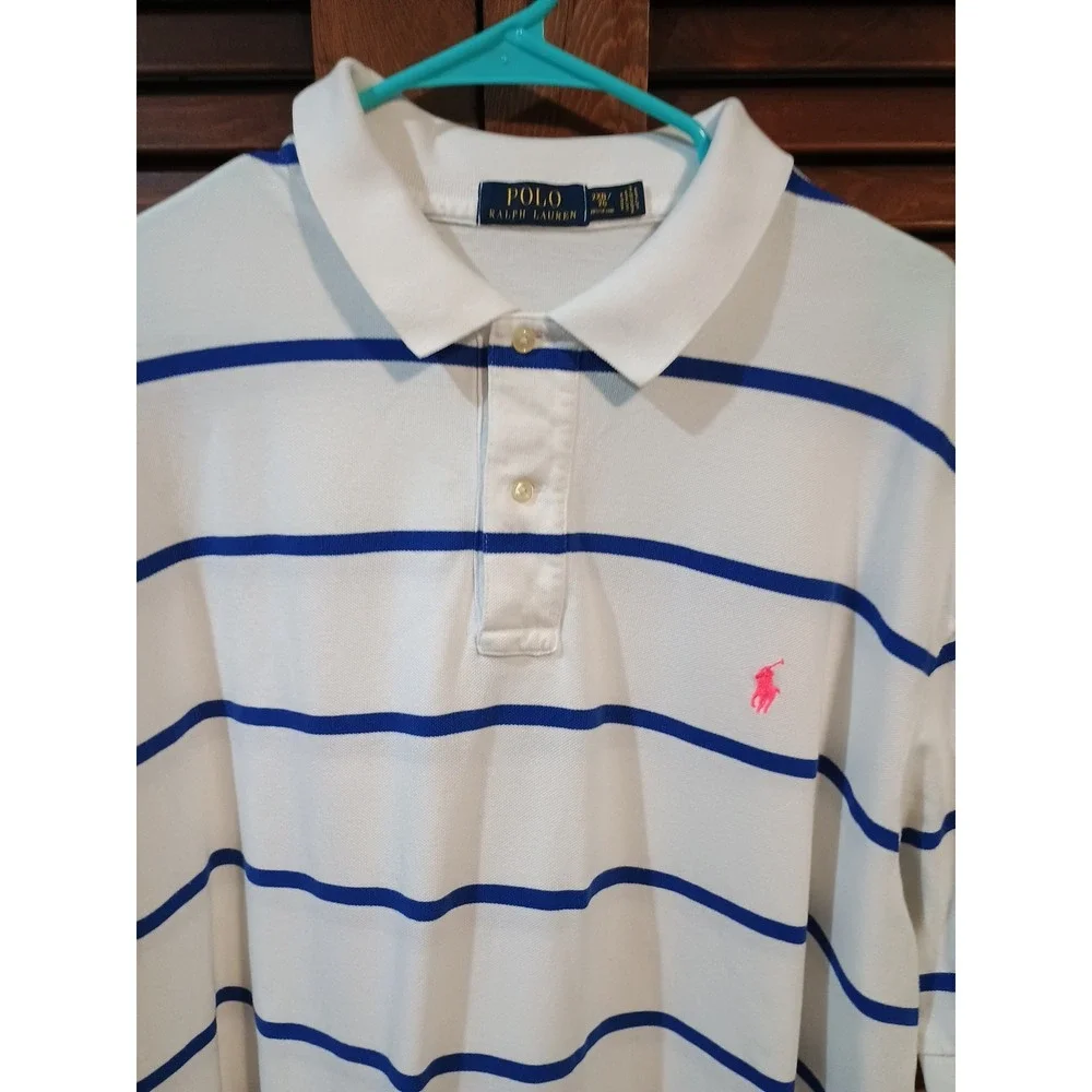 POLO Ralph Lauren Shirt White Royal Blue Stripe Size 2‎ XB Logo Polo Style Shirt